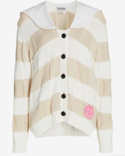Ganni Beige And White Striped Cardigan