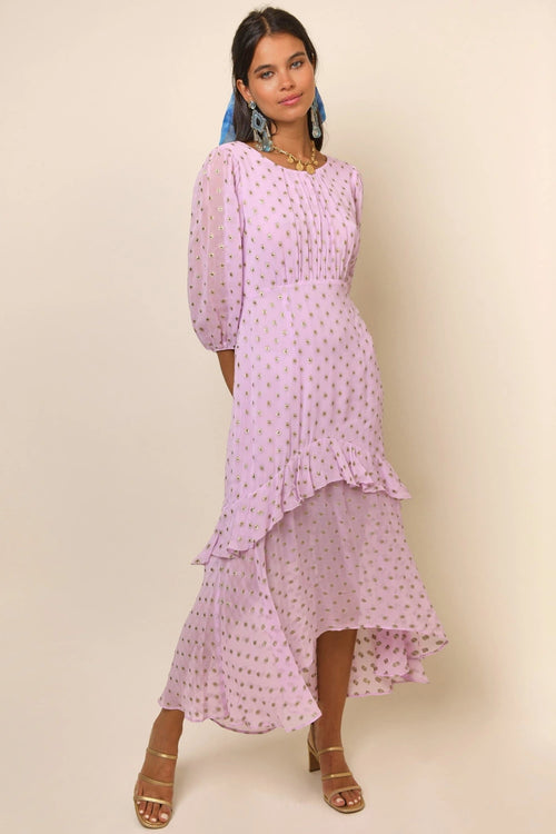 Rixo Lilac Dotted Midi Dress