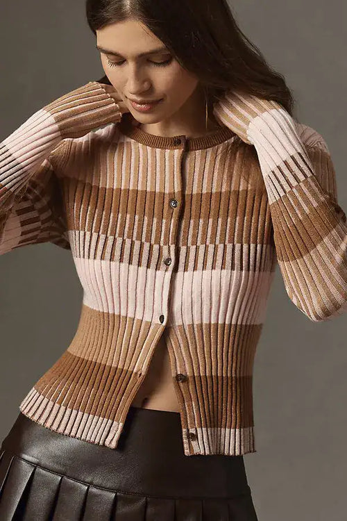 Derek Lam Ribed Stirped Brown And Pink Cardigan