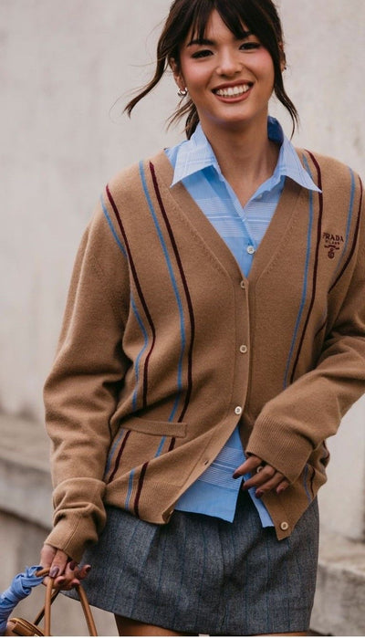 Prada Beige Stripped Sleeveless Wool Cardigan