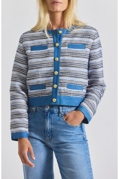 Derek Lam Blue And White Striped Tweed Cardigan