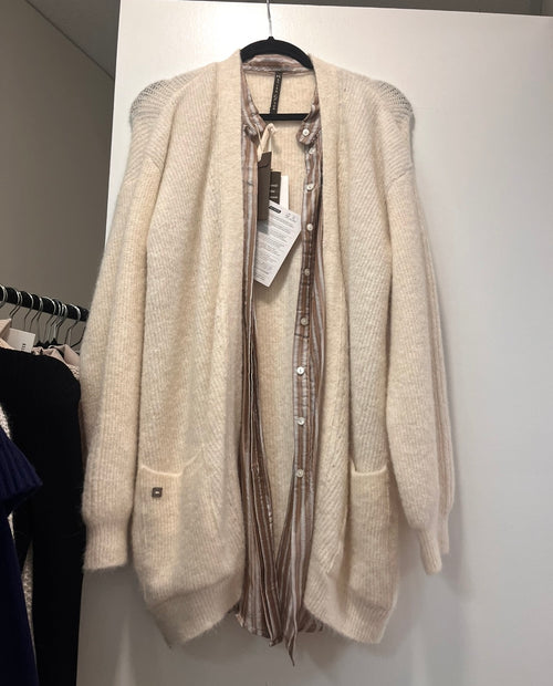 Manila Grace Off-White Long With A Stripped Shirt Cardigan