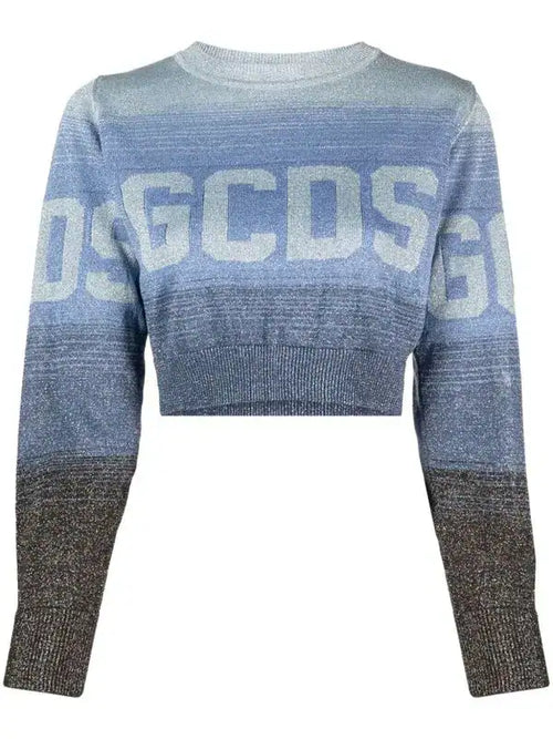 GCDS Blue Knit Stripped Numeric Cripped Shirt
