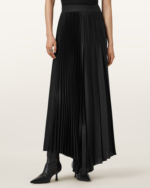 All Saints Black Pleated Midi Skirt