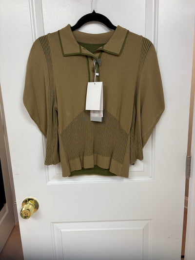Alberta Ferretti Two-tone RIbbed Plisse' Knit Polo Shirt in Olive