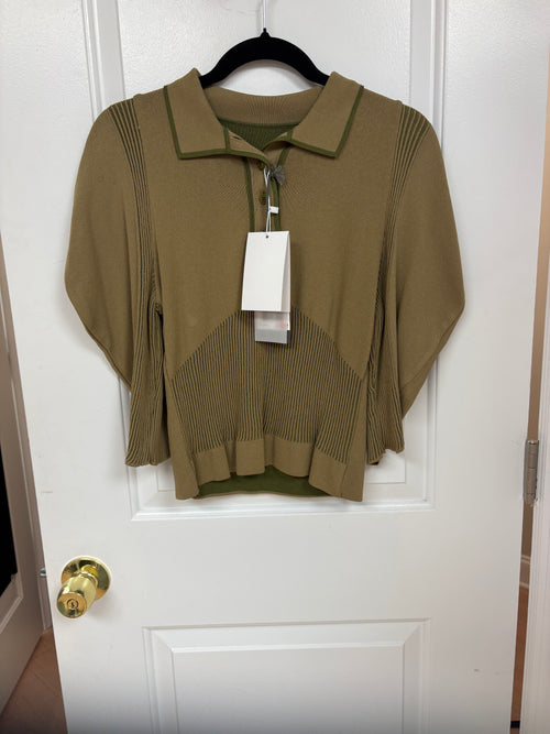 Alberta Ferretti Two-tone RIbbed Plisse' Knit Polo Shirt in Olive