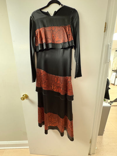 By Malene Birger Red Snakeskin Print Panel Tiered Long Sleeve Maxi Dress