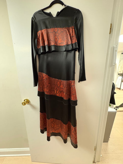 By Malene Birger Red Snakeskin Print Panel Tiered Long Sleeve Maxi Dress