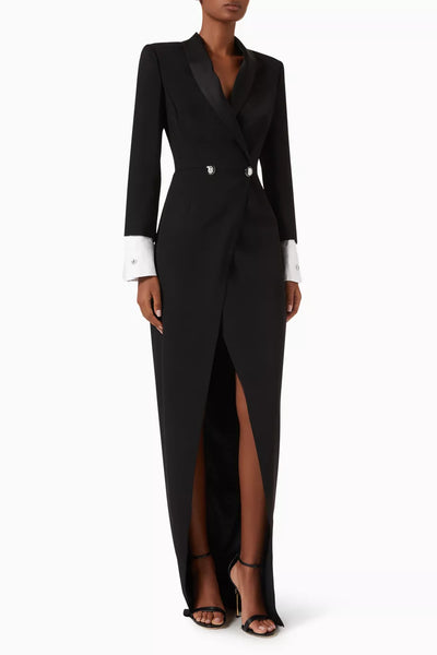 Elisabetta Franchi Lapel-Collar Maxi Dress in Black
