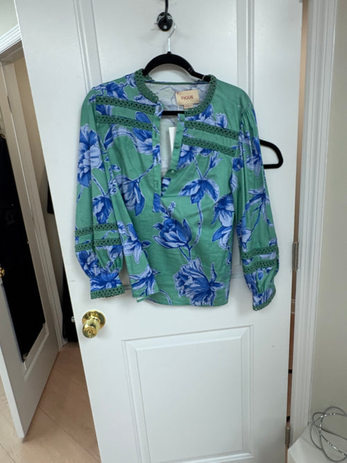 Figue Floral Half Buttoned Long Sleeve Blouse in Green