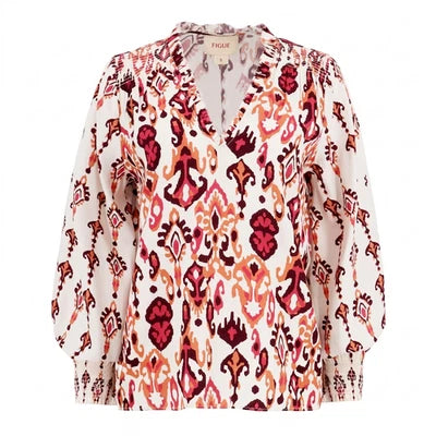 Figue Long Sleeve Smock Shoulder Printed V-Neck Blouse