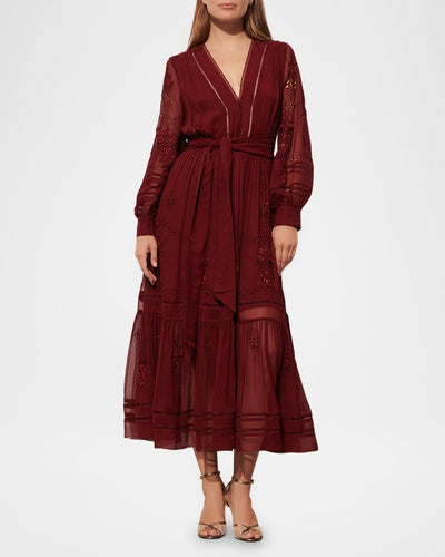 Figue Silk Chiffon Lace Eyelet Dress in Wine