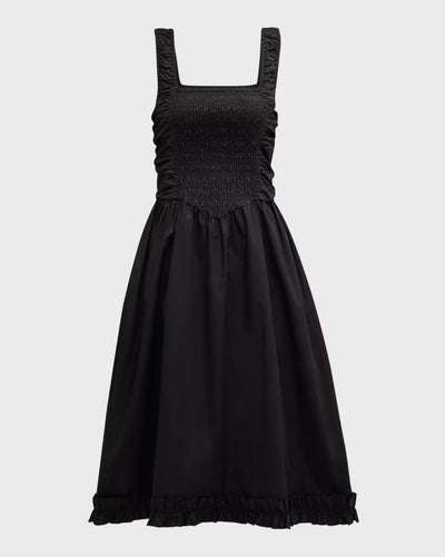 Ganni Black Cotton Poplin Midi Strap Smock Dress