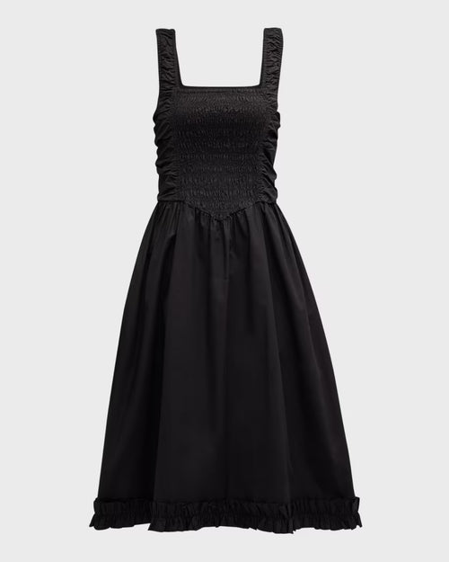 Ganni Black Cotton Poplin Midi Strap Smock Dress