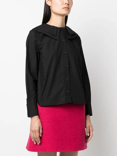 Ganni Layered Bib-Collar Cotton Button Down Shirt in Black