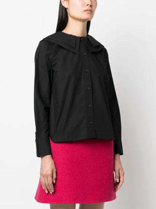 Ganni Layered Bib-Collar Cotton Button Down Shirt in Black