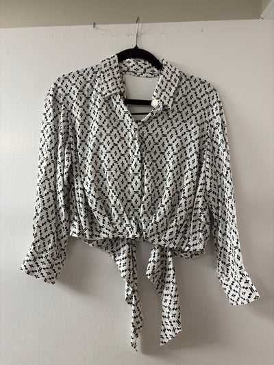 Elisabetta Franchi Black and White Geometric Wrap-Front Blouse