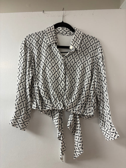 Elisabetta Franchi Black and White Geometric Wrap-Front Blouse