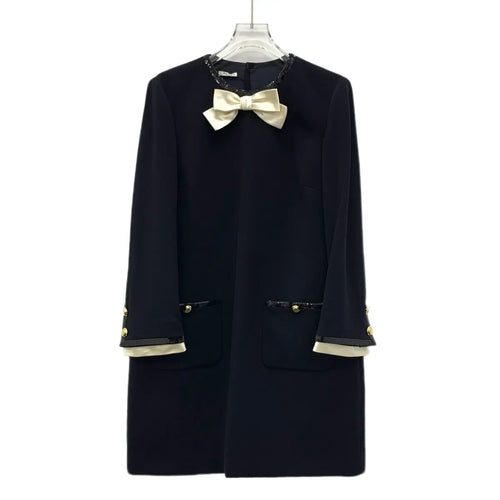 Miu Miu Black Bow Sequin Single-Breasted Long-Sleeve Dress