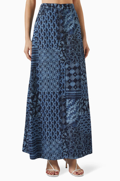 Emporio Armani Printed Cotton Denim Long Skirt