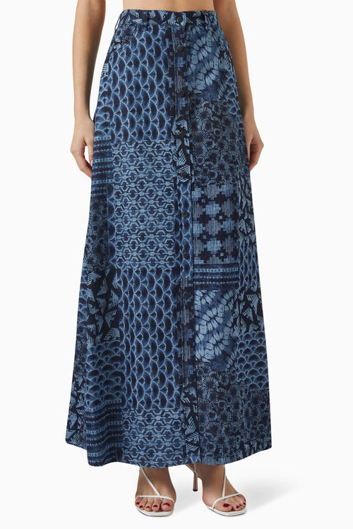 Emporio Armani Printed Cotton Denim Long Skirt