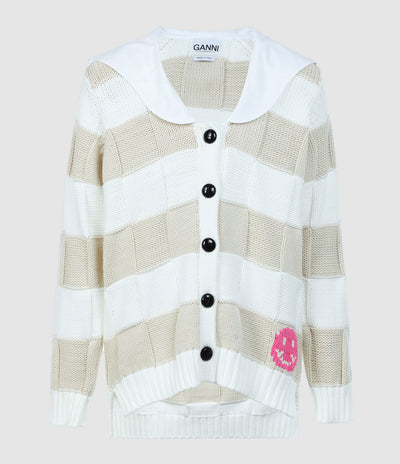 GANNI Beige and White Checked Knit Cardigan