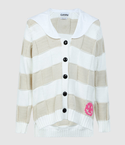 GANNI Beige and White Checked Knit Cardigan