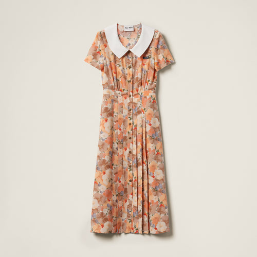 Miu Miu Peach Floral Print Pleated Marocain Dress
