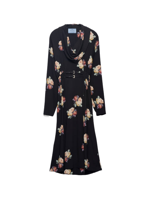 Prada Floral Cowl-Neck Leather Belted Midi Dress