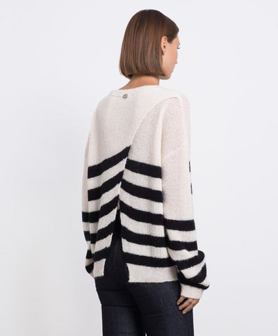 Twinset Milano Black and Cream Striped Crossover Knit Sweater