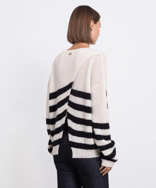 Twinset Milano Black and Cream Striped Crossover Knit Sweater