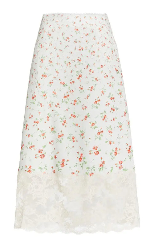 Paco Rabanne Lace-Trimmed Rosebud-Print Satin Midi Skirt