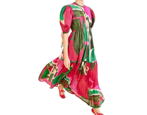 Ulla Johnson Pink and Green Collage Puff Sleeve Dress
