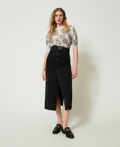 Twinset Denim Slitted Skirt with Belt in Black