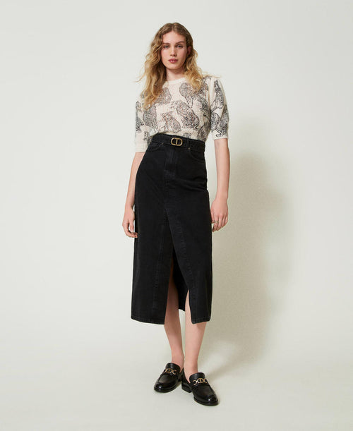Twinset Denim Slitted Skirt with Belt in Black