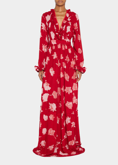 Busayo Chinched Ruffle Floral Maxi Dress in Red