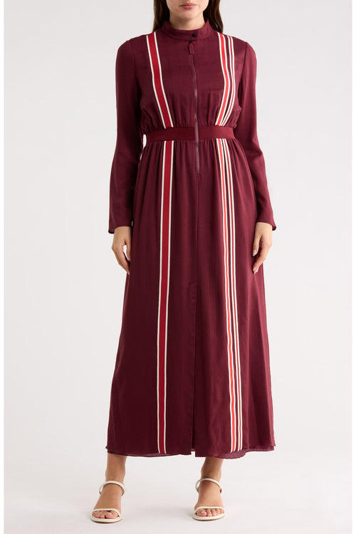 LongChamp Stripe Wool Maxi Dress in Burgundy