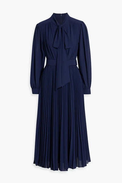 Mikael Aghal Pleated Crepe Bow Midi Dress in Navy
