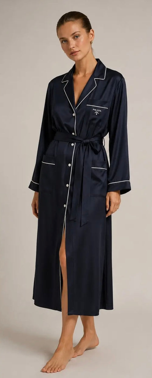 Prada Belted Contrast Seam SIlk Dress in Navy