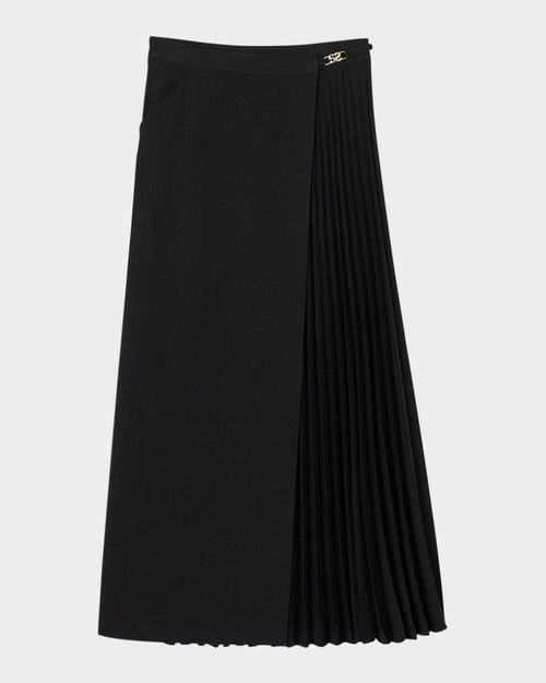 Sandro Two Material Pleated Midi Skirt in Black
