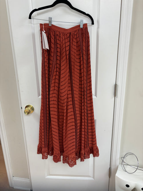 Ulla Johnson Eyelet Ruffle Hem Maxi Skirt in Rust