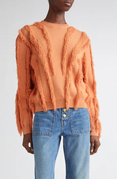 Ulla Johnson Fringe Long Sleeve Knit Pullover in Orange