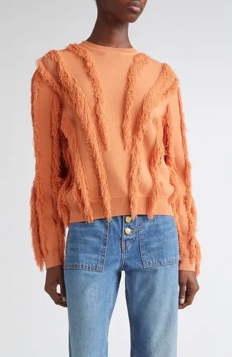 Ulla Johnson Fringe Long Sleeve Knit Pullover in Orange