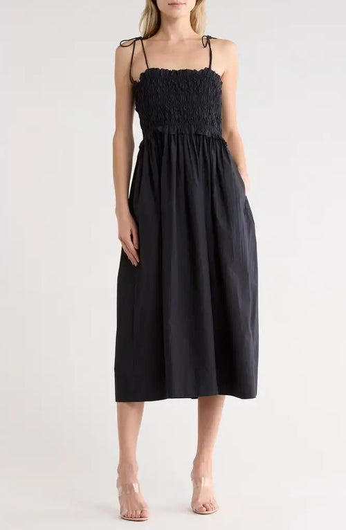 Ulla Johnson Smocked Sleeveless Midi Dress in Noir