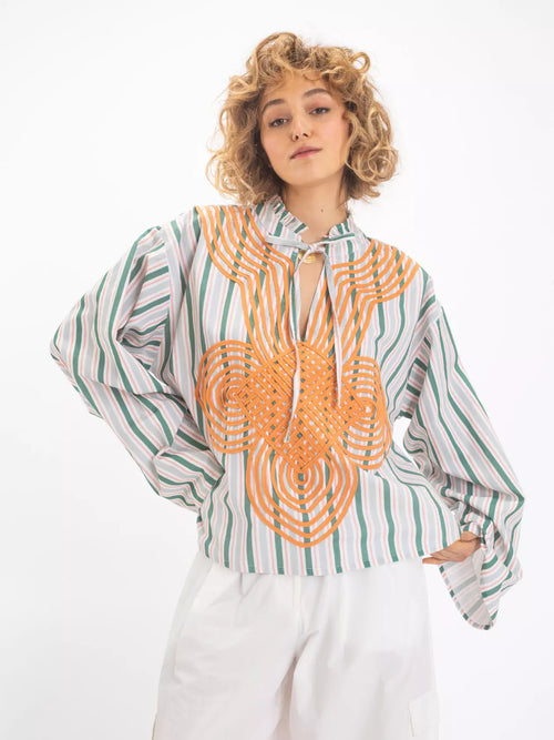 V.DE. Vinster Embroidered Orange Striped Blouse